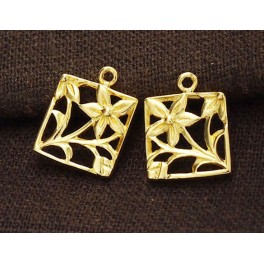 925 Sterling Silver 24k Gold Vermeil Style  2 Flower in Rectangle Charms