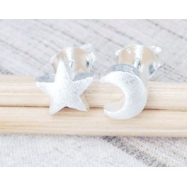 925 Sterling Silver Crescent Moon and Star Studs Earrings .