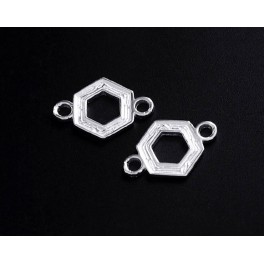 925 Sterling Silver 2 Textured Hexagon Links, Connectors 10 mm.