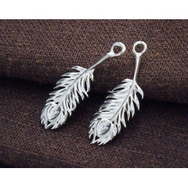 925 Sterling Silver 2 Peacock Feather Pendants  7x24 mm.