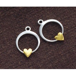 925 Sterling Silver 2 Circle Charms With Gold Plated Heart 12 mm.