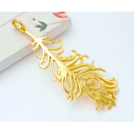 925 Sterling Silver 24k Gold Vermeil Style  Peacock Feather Pendant .