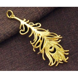 925 Sterling Silver 24k Gold Vermeil Style  Peacock Feather Pendant .