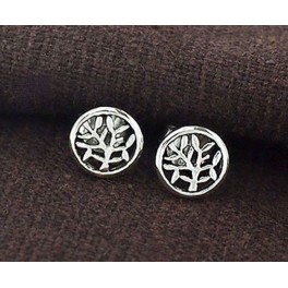 925 Sterling Silver Tiny Tree of life circle Stud Earrings 7mm.