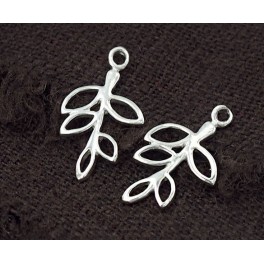 925 Sterling Silver 2 Leaf Branch Charms 9.5x16mm.Polish Finished