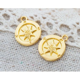 925 Sterling Silver 24K Gold Vermeil Style 2 Compass Printed Disc Charms 11 mm.