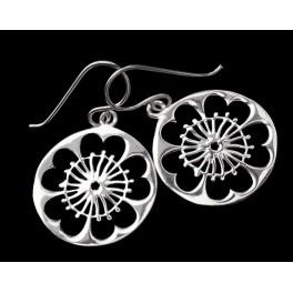 925 Sterling Silver Brushed  Disc with Flower Cutout Earrings .Polish Finish