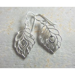 925 Sterling Silver Peacock  Feather Earrings 14x23mm.Polish Finished