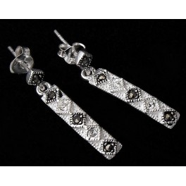 925 Sterling Silver Marcasite and Colorless CZ Curve Bar Stud Earrings 3.8x19 mm