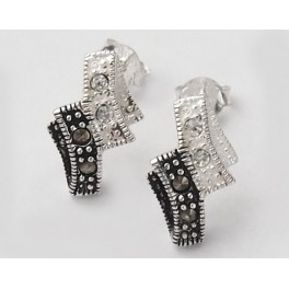 925 Sterling Silver Marcasite and Colorless CZ Stud Earrings 9x14 mm