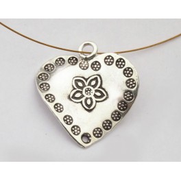 Karen Hill Tribe Silver Engraved Curve  Heart Pendant, Connector 23mm.
