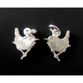 925 Sterling Silver 2 Little Bird Charms 11x13mm. Brush Finished