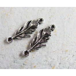 925 Sterling Silver 2 Feather  Links, Connectors 7.5x21 mm.