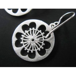 925 Sterling Silver Brushed  Disc with Flower Cutout Earrings 19 mm.Matte Finish