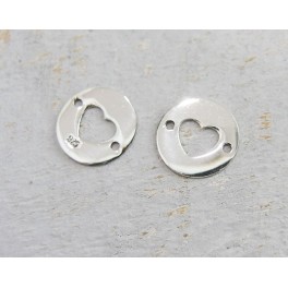 925 Sterling Silver 4  heart circle disc Links, Connectors 10mm.