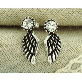 925 Sterling Silver Angel Wing Stud Earrings 7x19mm. With Crystal