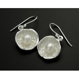 925 Sterling Silver  Concave Disc Earrings 15mm.With Pearl