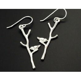 925 Sterling Silver bird on a perch  Earrings 12x30mm.Polish Finished
