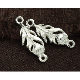925 Sterling Silver 2 Feather  Links, Connectors 7.5x21 mm.