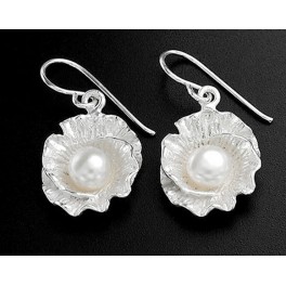 925 Sterling Silver  Flower  Earrings 15mm.With Pearl