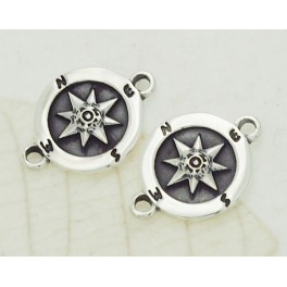 925 Sterling Silver 2 Compass Printed Connectors Links 11mm.