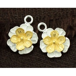 925 Sterling Silver 2  Flower Charms Two Tone Gold-Silver 11mm.